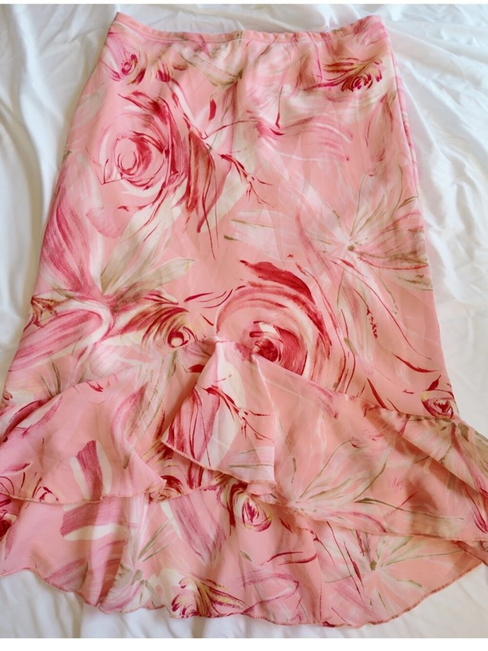 HeartSoul Skirt Size M Pink Floral Chiffon Ruffle Midi Asymmetric Vintage